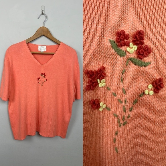 Christopher & Banks Hand Embroidered Short Sleeve Sweater Top Sz XL - Picture 1 of 12